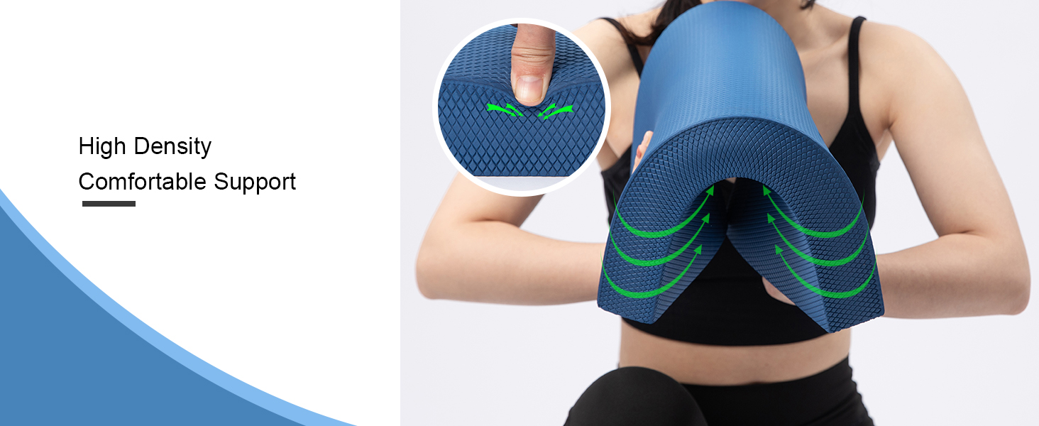 Blue back support cushion with high-density foam layers. Person demonstrating cushion's flexibility and comfort. Text indicates 'High Density Comfortable Support'.