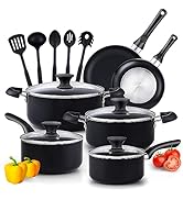 Cook N Home Basics Pots and Pans Cooking, 15-Piece Nonstick Cookware Set, Black