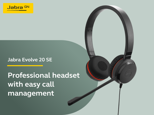 Jabra Evolve 20 SE, Professional corded headset USB headset, Call control headset,, On-ear headband
