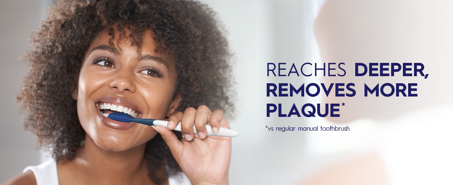 Happy woman, brushing teeth in mirror. Reaches deeper, removes more plaque.