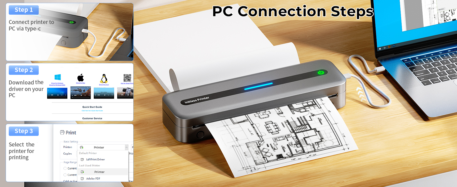 Wireless Inkless Thermal Printer, Bluetooth Mobile Printer for Phone &amp;amp;amp;amp; Laptop