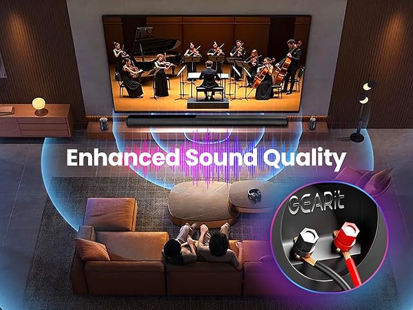 Text reads 'Enhanced Sound Quality'. Dark concert or theater venue images showing stage lighting and silhouetted figures with purple lighting effects.