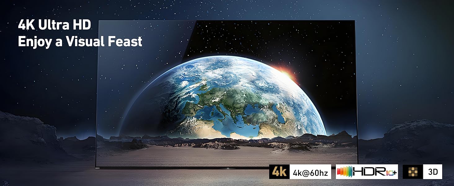 4K Ultra HD television display showing Earth from space with HDR capabilities, featuring dramatic lighting and high-resolution imagery.