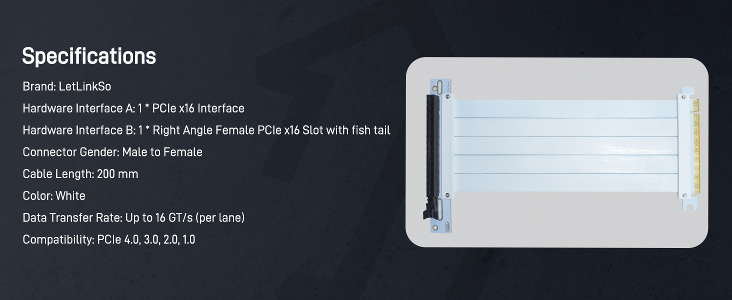 LetLinkSo Gen4 PCIe 4.0 Riser Cable x16 Flexible Extension 90 Angle Adapter fishtail for vertical
