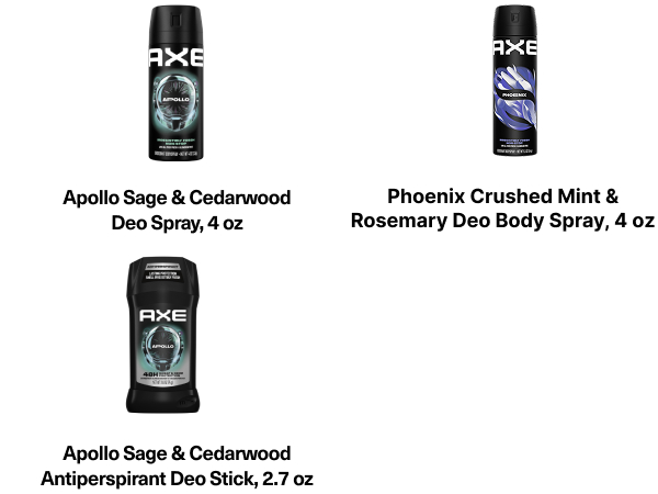 AXE products lineup, Apollo spray, Phoenix body spray, Apollo antiperspirant stick.