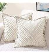 decorUhome Decorative Cream White Throw Pillow Covers 18x18 Set of 2 with Splicing, Boho Soft Cor...