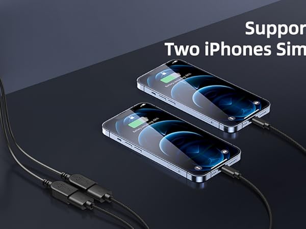 Dual iPhone charging cable plugged into wall outlet, powering two smartphones. Text: 'Supports Charging Two iPhones Simultaneously'.