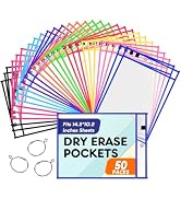 BainGesk 50 Packs Dry Erase Pockets Sleeves with 3 Rings, 10 Assorted Colors 10 x 14 Inch Dry Era...