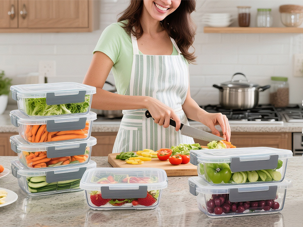 Glass food storage container with lids