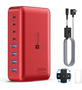 8-Port USB C Fast Charger Block 200W with Flat Plug, Braided Power Cord, and On/Off Switch- USB C...
