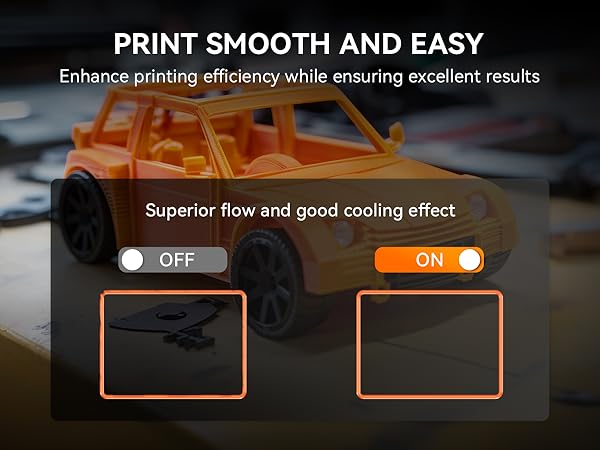 3D printer interface showing 'Print Smooth and Easy' feature with toggle switch. Orange toy car in background demonstrates printing result. Emphasizes superior flow and cooling effect.