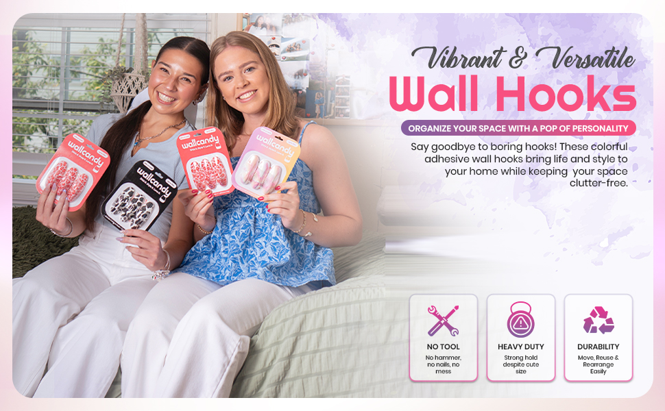 WallCandy vibrant wall hooks, colorful adhesive hooks for home organization