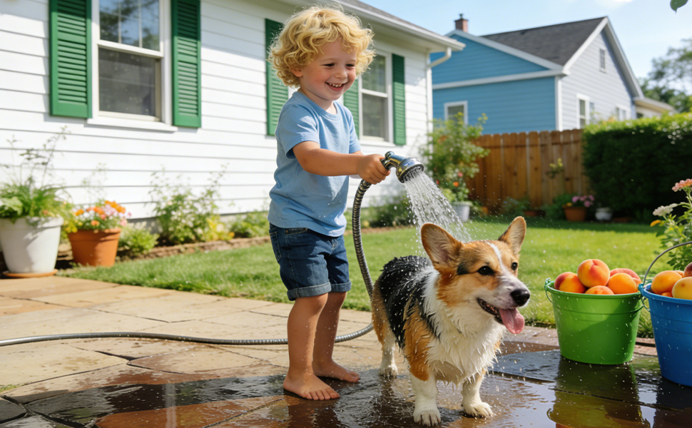 A little boy uses a long hose to bathe his dog in the backyard