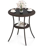 Giantex Round Rattan Wicker Outdoor Coffee Table Glass Top Steel Frame Patio Furniture W/Lower Sh...
