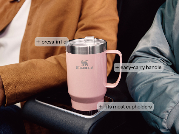 Everyday Suburban Mug: press on lid, easy carry handle, fits most cupholders