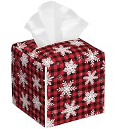 Red and Black Checkered Leather Tissue Box Holder Christmas Snowflakes Tissue Box Cover Square Wa...