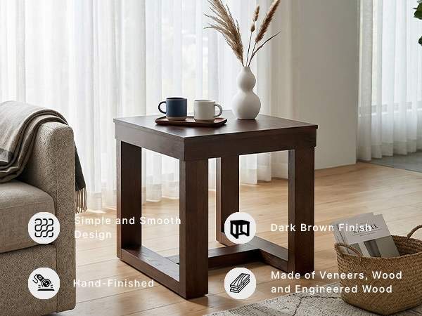 Living room scene with square end table featuring a sled base in dark brown finish