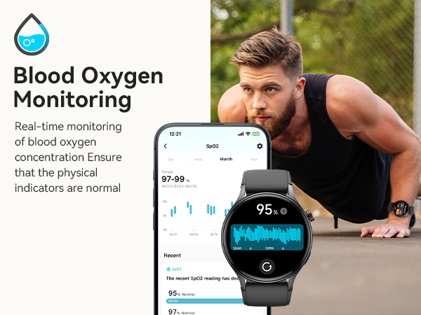 Smartwatch with blood oxygen monitoring display showing 95% reading, alongside mobile app interface displaying health data graphs and metrics.