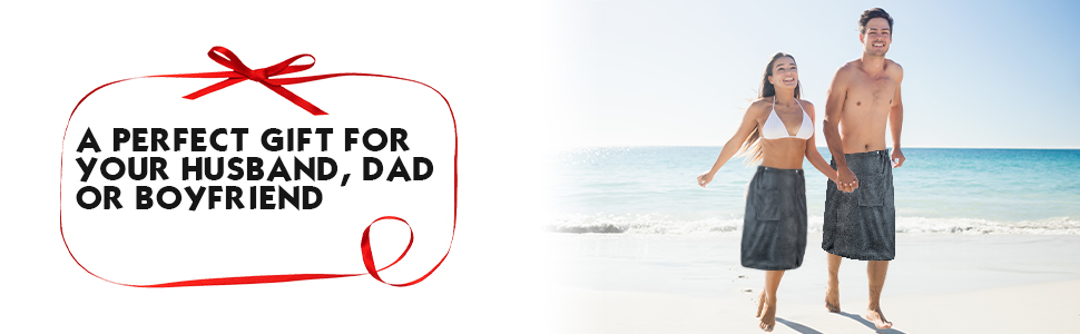 Beach scene with silhouetted figures against a sunset sky, with red text overlay about gift suggestions.