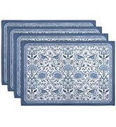 Blue Floral Boho Placemats Set of 4, 12x18 Inch Vintage Chinoiserie Block Print Place Mats Season...