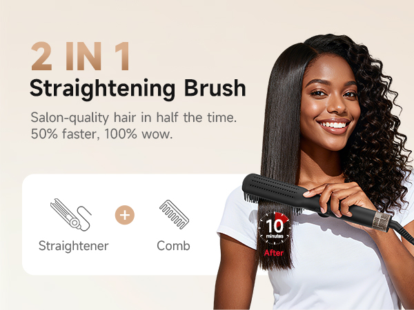 2-in-1 straightening brush combines a straightener and comb for 50% faster, salon-quality results