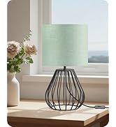 GOEBLESON Small Table Lamp, Small Bedside Lamp with Black Metal Base &amp; Green Linen Lampshade, Mod...