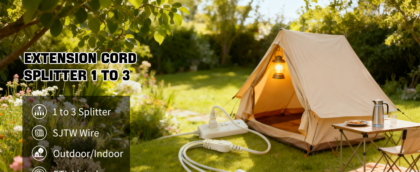 extension cord splitter 1 to 3 outdoor indoor