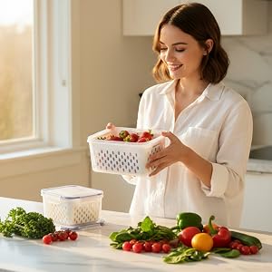Refrigerator Storage Containers with Removable Colander Baskets
