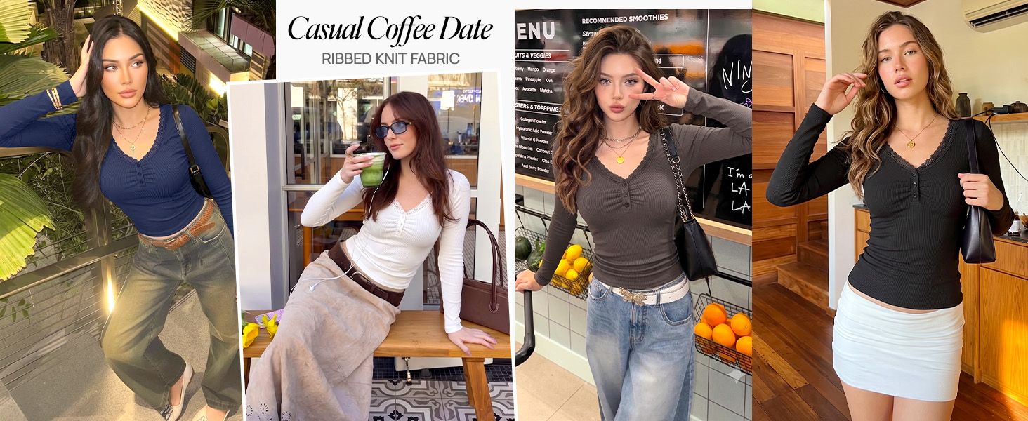 Women&amp;amp;#39;s Lace Trim V Neck Cute Tops