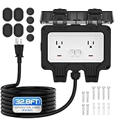 Outdoor Outlet Box with 32.8Ft Extension Cord, NEMA 5-15R, STW 14 AWG,IP66 Waterproof Power Outle...