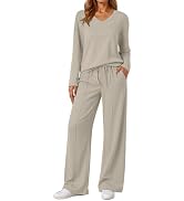 AUTOMET Womens Fall 2 Piece Airport Travel Outfit Lounge Sets 2026 | V-Neck Top &amp; Flowy Wide-Leg ...