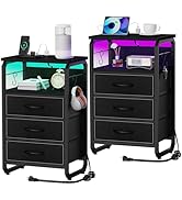 runjuly Tall Nightstand Set of 2 with Charging Station, Bed Side Tables Bedroom Set of 2, Black N...