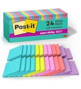 Post-it Super Sticky Notes, 3x3 in, 24 Pads, 2x the Sticking Power, Supernova Neons, Bright Color...