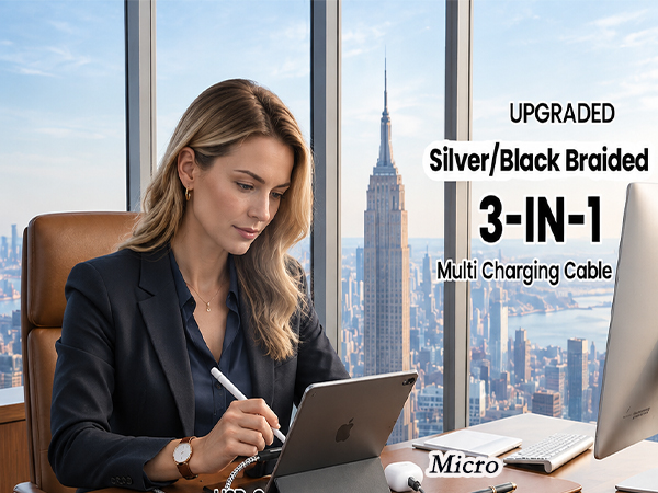 3 in 1 multi charging cable for office desk with silver black braided phone charger cord