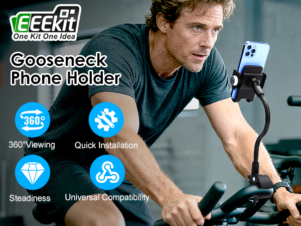 Text reads 'CeeEfik' and 'GooseNeck Phone Holder'. Features icons showing '360° viewing', 'Sturdiness', and 'Universal Compatibility' with product demonstration.