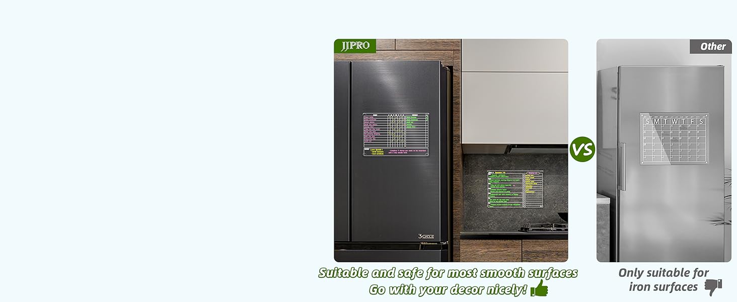 It can stick to any smooth surfaces such as stainless steel fridge, cabinets, and ceramics wall.