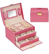 FADACHY Travel Jewelry Case, PU Leather Jewelry Box with Mirror&amp;Lock, Jewelry Organizer 3 Layers ...