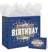 13" Large Happy Birthday Gift Bag Blue with Greeting Card and Tissue Papers for Men Boys