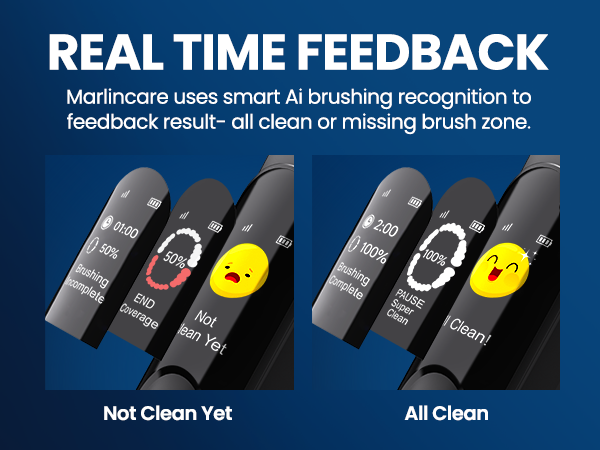 Text reads 'REAL TIME FEEDBACK' and 'Marincare uses smart AI brushing recognition to feedback result- all clean or missing brush zone.' Electric toothbrush showing cleaning detection with 'Not Clean Yet' and 'All Clean' status indicators.