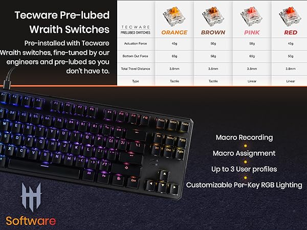Tecware Phantom Plus 87 mechanical keyboard Wraith switches macro RGB wired keyboard