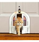 Cat Door - Wooden French Retro Cat Door with Double Flaps, Lockable Pet Cat Hole with Mini Light,...