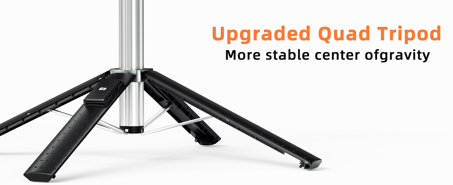 Text reads: 'Upgraded Quad Tripod' and 'More stable center of gravity'. Black tripod stand shown from multiple angles displaying its folding mechanism.