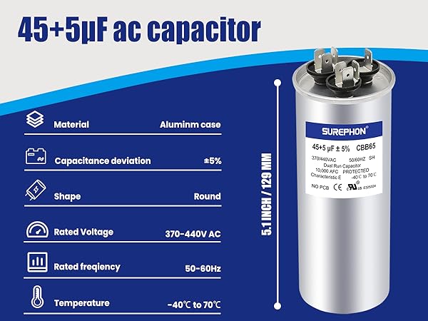 45+5UF ac capacitor