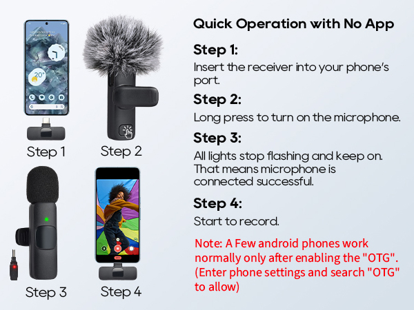 Operation with No App wireless microphone for android phone ios