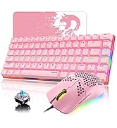 Pink Gaming Keyboard and Mouse,3 in 1 Rainbow LED Backlit Wired Mechanical Keyboard Blue Switch,R...