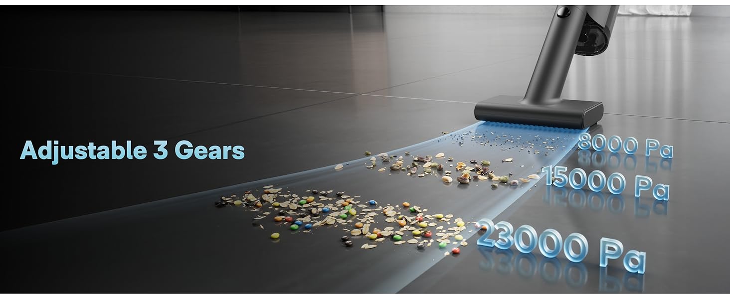 Three gears (23k / 15k / 8k Pa) with 10 / 20 / 45 min runtime for different cleaning tasks.