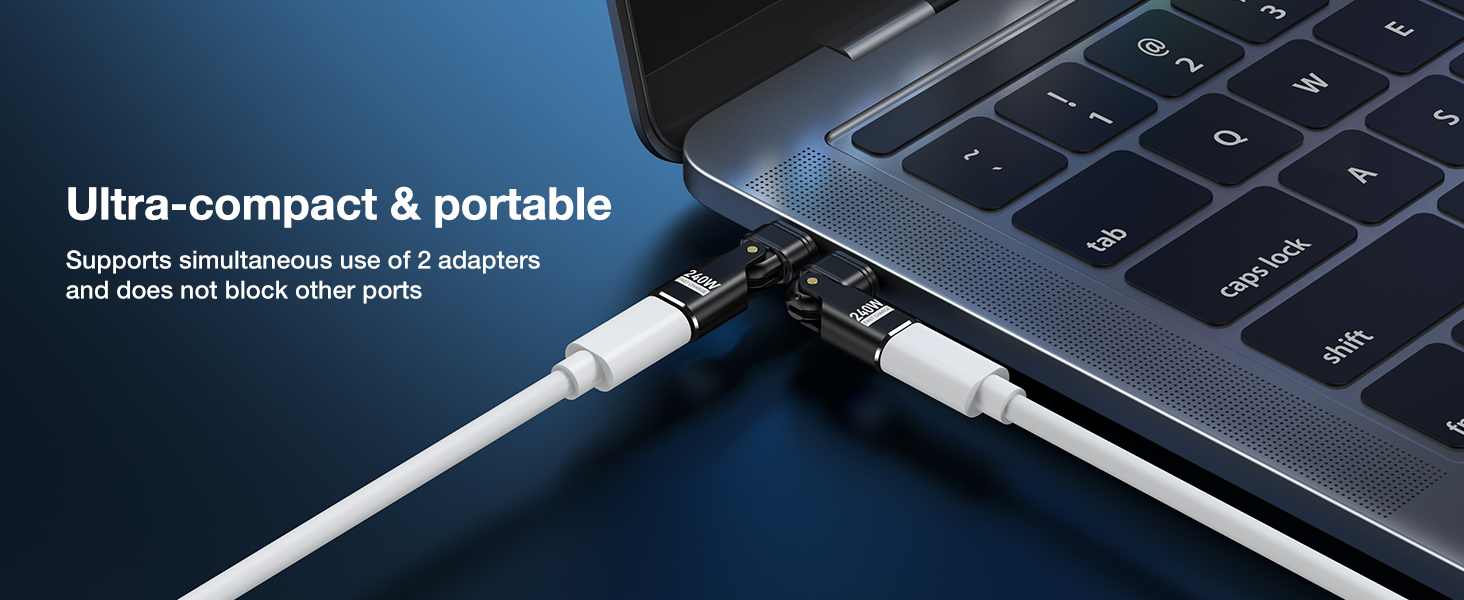 Ultra-compact USB adapter plugged into laptop, supporting simultaneous use of two devices without blocking other ports. White cable connected to adapter.