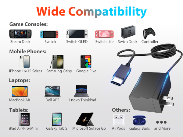 Charger for Nintendo Switch, 45W AC Adapter, Switch Lite/ Switch OLED/Steam Deck/ Switch TV Mode