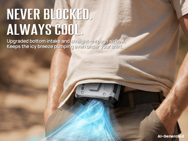 shirt clip fan with Bottom air inlet helps prevent shirt blockage and keeps cooling airflow moving