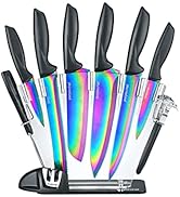 PurpleChef 10 Pieces Iridescent Rainbow Titanium Coated Kitchen Knives Set. Includes 6 Stainless ...